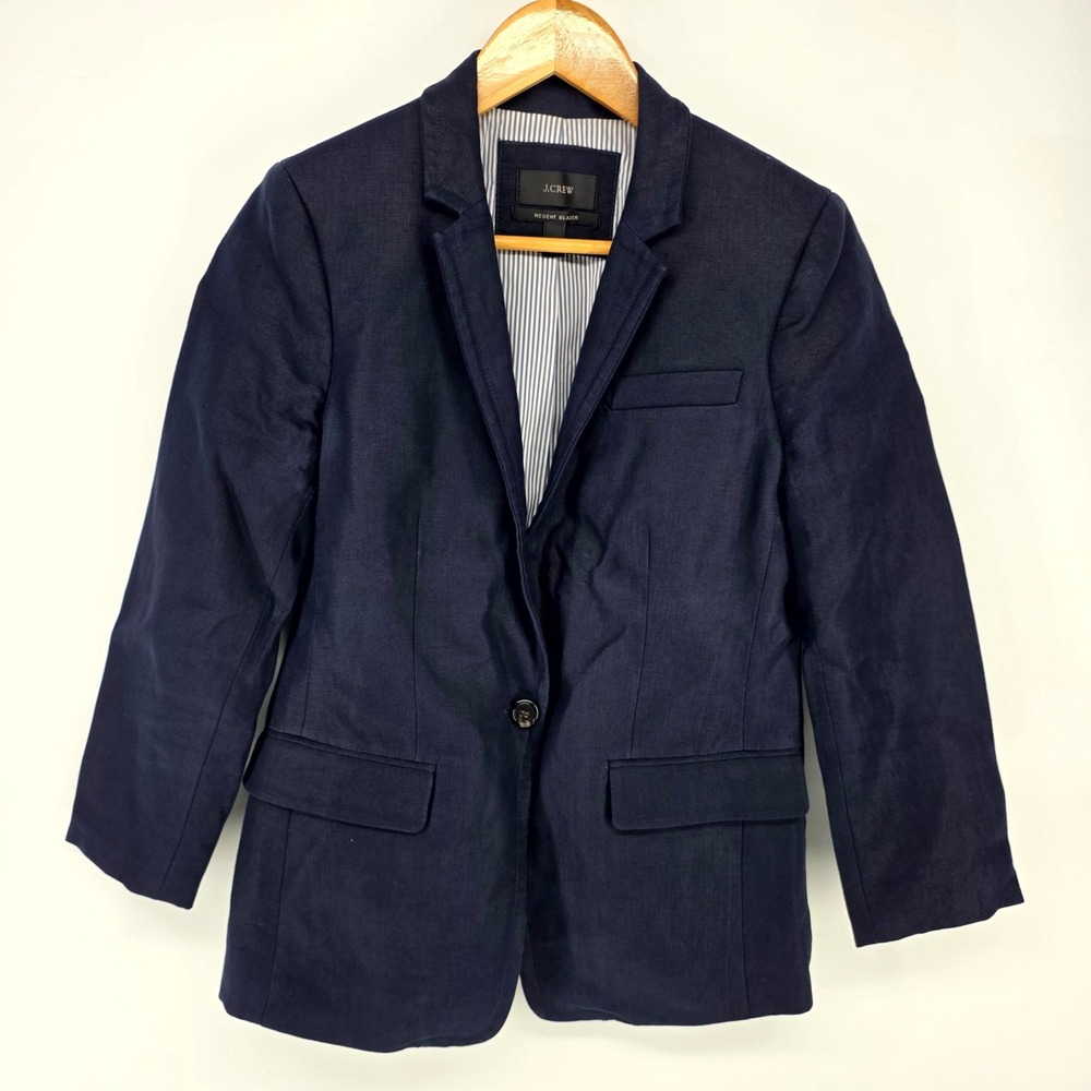 J.Crew Regent Blazer Womens 4 Navy Blue Linen Tailored One Button Jacket 8950